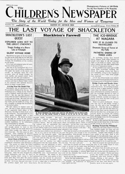 シャクルトンの最後の航海、「子供たちの新聞」の最初のページ、1922年2月（新聞） 作： English School