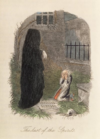 ラストオブザスピリッツ、チャールズディケンズのクリスマスキャロルのイラスト（1812-70）1843（カラー彫刻） 作： English School