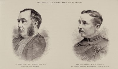 1887年6月18日、イラストレイテッドロンドンニュースより、ソドーアンドマン司教のローリーヒル牧師と後期キャプテンEBTヴォーン、第6パンジャウブ歩兵、ビルマのダコイツ殺害、 作： English School