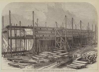 1855年の入学式に登場した蒸気船「リヴァイアサン」（グレート・イースタン号）（版画 作： English School