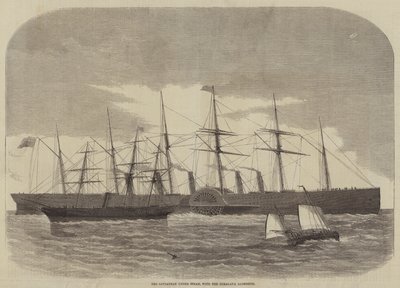蒸気を噴出するリヴァイアサン号とその横に並ぶヒマラヤ号（版画 作： English School