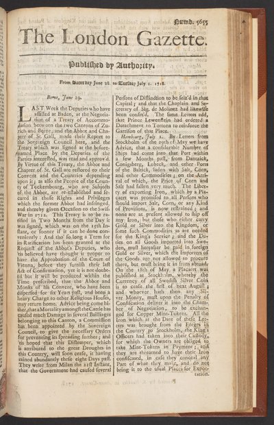 The London Gazette, issue 5655, page 1, 28th June 1718 (print) 作： English School