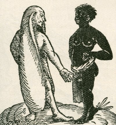 耳の長い男が使用人を叱る。耳の長い男はアフリカに住んでいたと言われている。彼らは片方の耳の上に横たわり、もう片方の耳を毛布のように覆って眠ると言われている。1897年発行の『The Strand Magazine』より。 作： English School