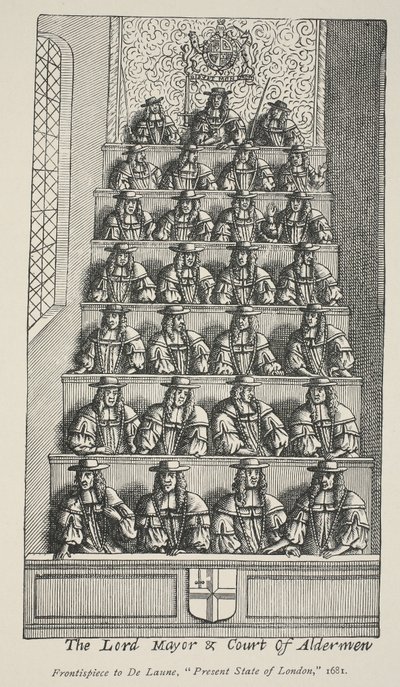 主市長とアルダーメンの裁判所、デローンズアングリアメトロポリスの前頭絵、1681年 作： English School