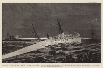 ジブラルタル沖でのアンカーラインSS "Utopia "の遭難、HMS "Anson "のラムに接触してから約10分後に沈没（版画 作： English School