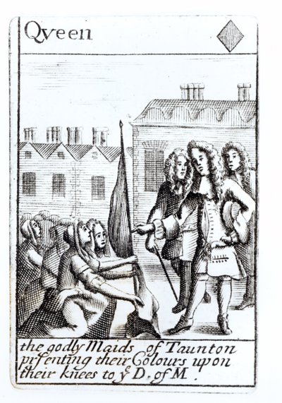 1685年6月18日、モンマス公爵の前でひざまずくトーントンの乙女たち、モンマスの反乱を記念したセットのダイヤモンドの女王トランプ 作： English School