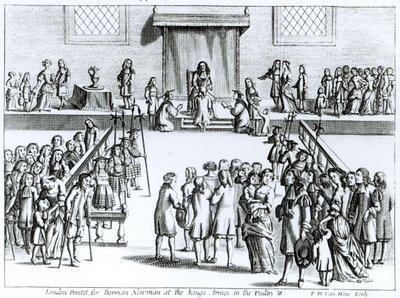 ドーマン・ニューマンのために印刷されたフレデリック・ヘンドリック・ヴァン・ホーブ（c.1628-98）によって刻まれた、病気を治す彼の陛下の作法は「王の悪」と呼ばれています（259707も参照） 作： English School