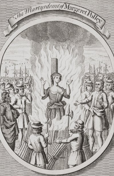 1741年に出版された『殉教者の焼却』より、タンブリッジでのマージレット・ポーリーの殉教（リトグラフ）。 作： English School