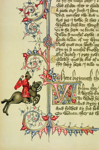 商人、カンタベリー物語からのファクシミリの詳細、ジェフリー・チョーサー（c.1342-1400） 作： English School