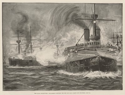 海軍操練、ホリーヘッド沖での赤艦隊と青艦隊の交戦、7月31日（リトグラフ 作： English School