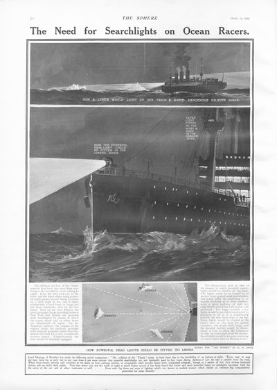 オーシャンライナーのサーチライトの必要性、The Sphere、1912年4月27日 作： English School