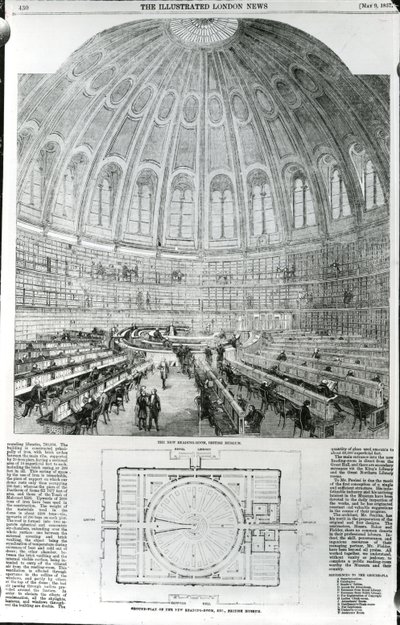 1857年5月9日、The Illustrated London Newsに掲載された大英博物館の新しい読書室 作： English School