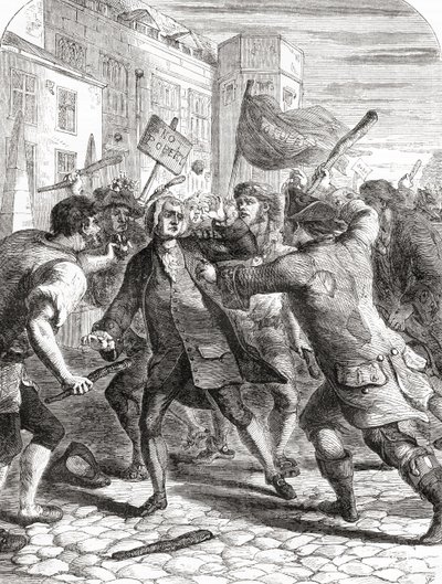 1780年のゴードン暴動の際、イギリス・ロンドンのウェストミンスター、パレスヤードで国会議員を襲撃した「ノー・ポパリー」暴徒たち。 作： English School