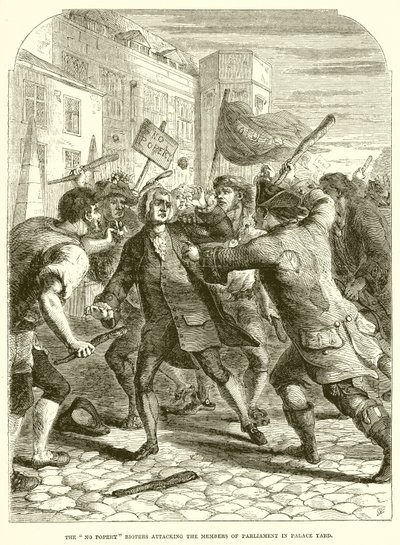 パレスヤードの議会のメンバーを攻撃するNo Popery Rioters 作： English School