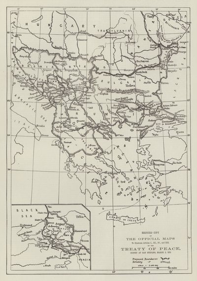 1878年3月3日にサンステファノで調印された平和条約の公式地図（彫刻版 作： English School