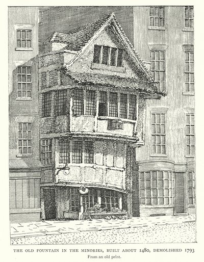 1480年頃に建造され、1793年に取り壊されたミノリーズの古い噴水（エングレーヴィング） 作： English School