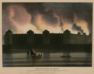 1835年10月7日の夜の火災時に川から現れた刑務所、ロンドン、ミルバンク 作： English School