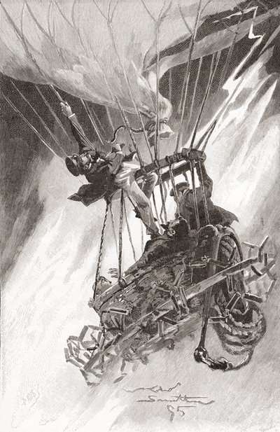 熱気球の危険。 困難に陥り、墜落寸前の気球。 1896 年発行の The Strand Magazine より (litho) 作： English School