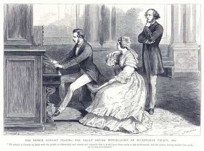 1842年、バッキンガム宮殿でメンデルスゾーンの前でオルガンを演奏する王子の配偶者 作： English School