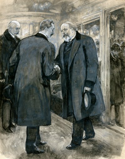 1901年1月20日、チャリングクロス駅、ドイツ皇帝に挨拶するプリンスオブウェールズ（紙） 作： English School