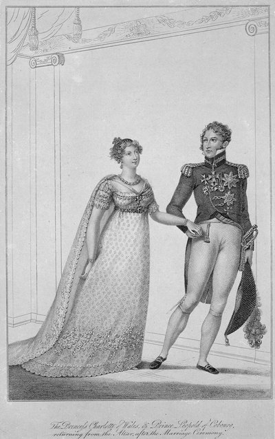 1816年の結婚式の後、ウェールズのシャーロット王女とコーバーグのレオポルド王子が祭壇から戻ってきた 作： English School