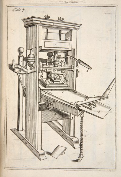 印刷機、パブ。 1683年の彫刻。 作： English School