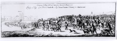 チャールズ2世の行列（1630-85）と彼の新しい女王、ブラガンザのキャサリン（1638-1705）、ポーツマスからハンプトンコートまで、1662年 作： English School