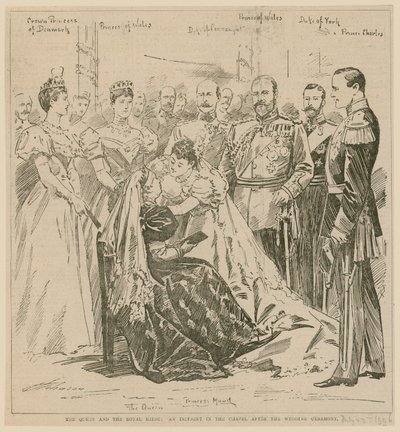 女王と王室の花嫁、1896年7月23日、結婚式の後のチャペルでの事件 作： English School