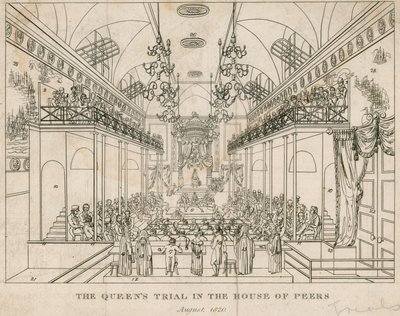 1820年8月の下院における女王裁判 作： English School