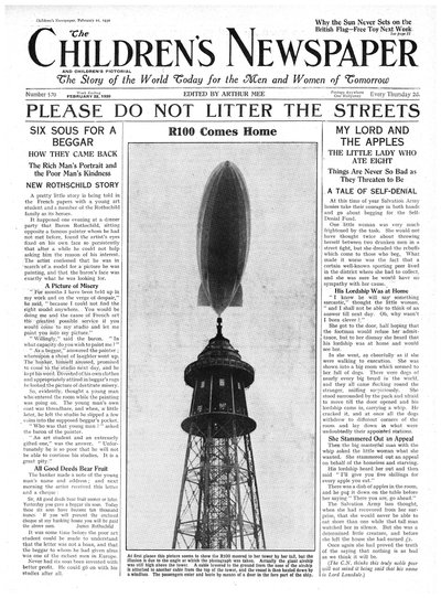 R100飛行船が帰ってくる、「子供たちの新聞」のフロントページ、1930年2月（新聞） 作： English School
