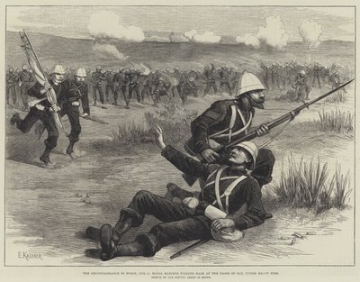 8月5日、部隊での偵察、日の終わりに激しい銃撃を受けて後退するイギリス海兵隊（彫刻 作： English School