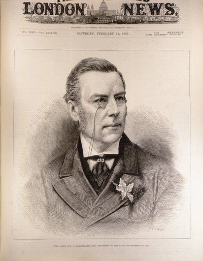 右の本。ジョセフチェンバレン（1836-1914）、地方自治体理事会議長、「イラストレイテッドロンドンニュース」より1886年2月13日 作： English School