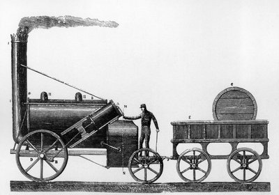 1829年にジョージ・ステファンソンとロバート・ステファンソンがリバプール-マンチェスター鉄道のために設計・製造した蒸気機関車「ロケット」(彫刻) 作： English School
