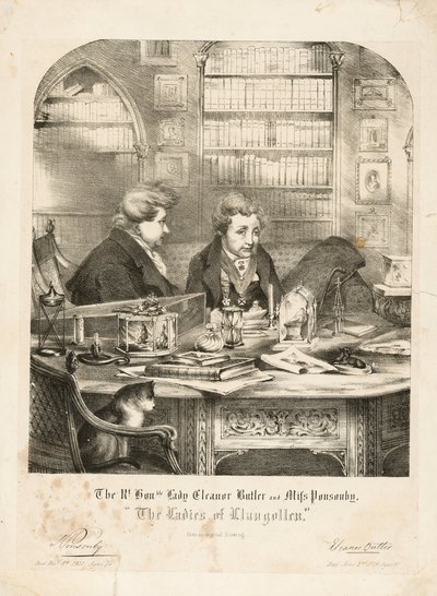 The Ladies of Llangollen」のRt.Honored Lady Eleanor ButlerとMiss Ponsonby、1831年以降（リトグラフ）。 作： English School