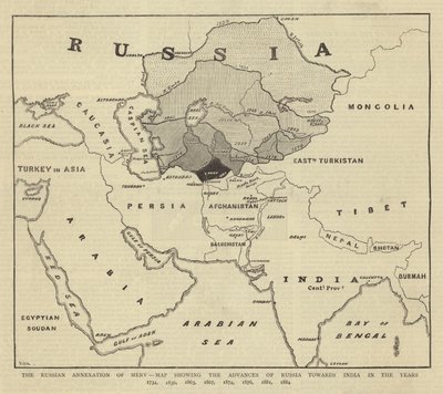 Mervのロシア併合、1734年、1836年、1863年、1867年、1874年、1876年、1881年、1884年のインドへのロシアの前進を示す地図 作： English School