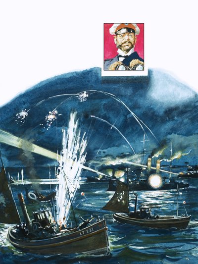 1904年、ロシア軍はイギリスの漁船団を日本の侵略船団と勘違いした。 作： English School