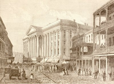 1880年代のニューオーリンズ、セント・チャールズ・ストリートのセント・チャールズ・ホテル（リトグラフ）。 作： English School