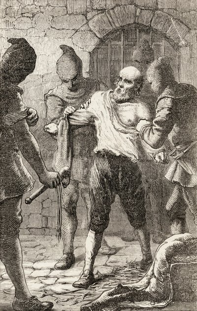 スペインの異端審問中のジョージペンのむち打ち、1865年頃（木の彫刻） 作： English School