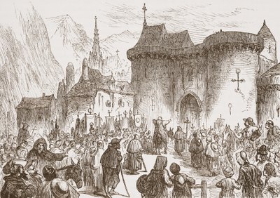 ジュネーブの門での偽の巡礼者、ジェームズエイトケンワイリー（1808-1890）によるプロテスタンティズムの歴史のイラスト、パブ。 1878 作： English School