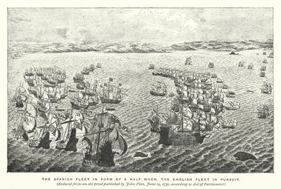 半月の形をしたスペイン艦隊、追跡中のイギリス艦隊 作： English School