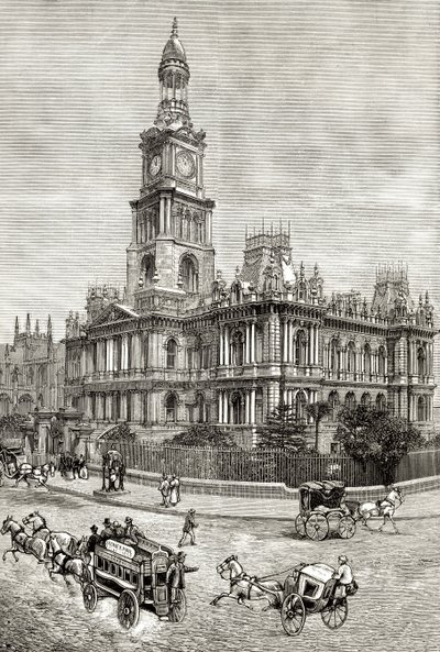 シドニー市庁舎、1880年頃、ハワードウィロビー著「オーストラリアの写真」より、ロンドン宗教宗教協会発行、1886年 作： English School