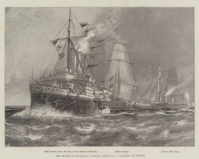 ニカラグアのトラブル、コリントのスティーブンソン提督の艦隊（版画 作： English School