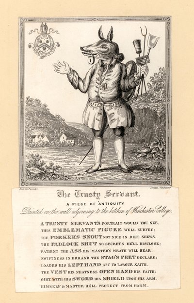 1579年、イギリスの詩人ジョン・ホスキンスがハンプシャー州ウィンチェスター・カレッジのキッチンに隣接する壁に描いた「The Trusty Servant」(彫刻) 作： English School