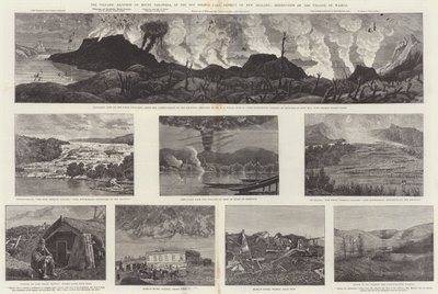 ニュージーランドの温泉湖地方にあるタラウェラ山の火山噴火とワイロア村の破壊（版画 作： English School