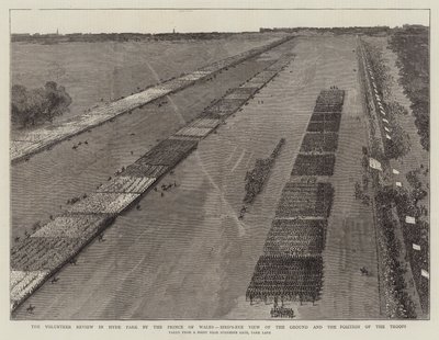 プリンス・オブ・ウェールズによるハイド・パークでの義勇兵の閲兵式、鳥瞰図によるグラウンドと部隊の位置の確認（エングレーヴィング 作： English School