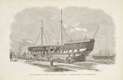 ロンドンの刑務所刑務所とヘンリーメイヒュー（1812-87）とジョンビニー、1862年の刑務所生活のシーンから遠くに硫黄の洗浄船を持つ戦士ハルク 作： English School