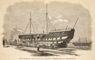 硫黄の洗浄船が遠くにある戦士のハルク、ロンドンの刑務所刑務所のイラスト、ヘンリーメイヒューとパブのジョンビニーによる刑務所生活のシーン。 1862 作： English School