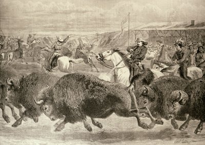 グレートアメリカンエキシビジョンでの「ワイルドウェスト」：1887年6月18日の「イラストレイテッドロンドンニュース」のバイソンとワピチの狩猟 作： English School