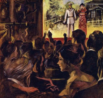 マダムバタフライのデビューパフォーマンス中に聴衆は叫び、シューという音を立てました 作： English School