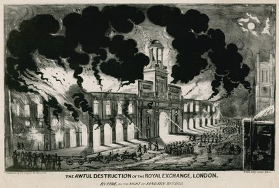 1838年1月10日の夜の火事によるロンドン王立取引所の恐ろしい破壊 作： English School
